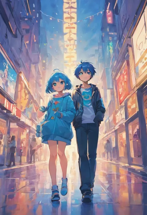 a couple of anime characters standing next to each other and happily posing for a picture (Boy and Girl), a blue vibrant color pallet, lightly smiley faces, casual clothes, 8k, high quality, ray tracing, looking at the camera, holding phones