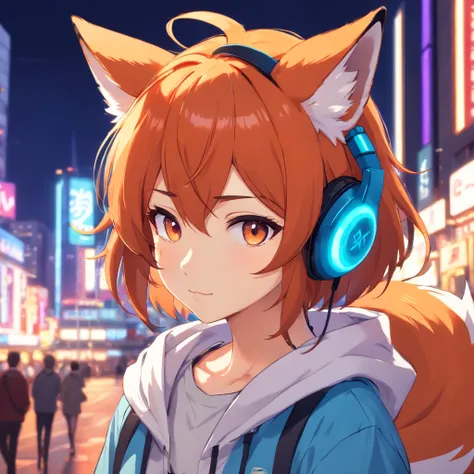 Cute fox in ANIME style, Wearing a T-shirt, Cinematic lighting, Depth sensing, ultra - detailed, 8K quality. Male head only, Best quality, Humanoid, Look at the audience wearing #FE8A04 t-shirt, #1752AB hair, using headphones with neon lights #F53B91, eyes...