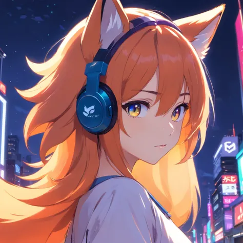 Cute fox in ANIME style, Wearing a T-shirt, Cinematic lighting, Depth sensing, ultra - detailed, 8K quality. Male head only, Best quality, Humanoid, Look at the audience wearing #FE8A04 t-shirt, #1752AB hair, using headphones with neon lights #F53B91, eyes...