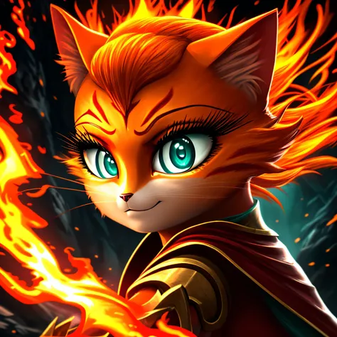 high quality digital illustration, close up portrait, perfect portrait, cinematic composition, fantasy style art, a pretty and heroic young anthropomorphic female cat, orange fur, orange hair, orange color, orange face, long eyelashes, big eyelashes, prett...