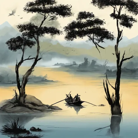 Chinese landscape painting，ink and watercolor painting，water ink，ink，Smudge，Meticulous，water ink，Smudge，Meticulous，Smudge，low-saturation，Low contrast，The light boat has crossed the Ten Thousand Heavy Mountains，Beautifully depicted，A detailed，acurate，Works ...