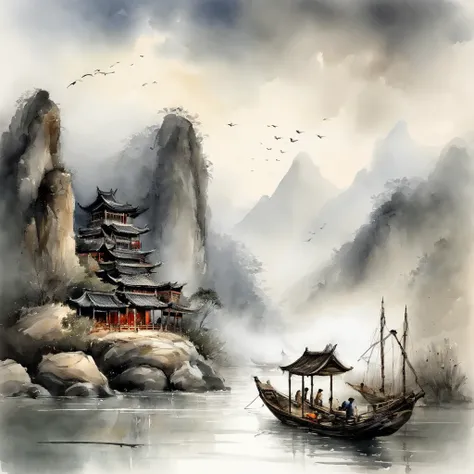 Chinese landscape painting，ink and watercolor painting，water ink，ink，Smudge，Meticulous，water ink，Smudge，Meticulous，Smudge，low-saturation，Low contrast，The light boat has crossed the Ten Thousand Heavy Mountains，Beautifully depicted，A detailed，acurate，Works ...