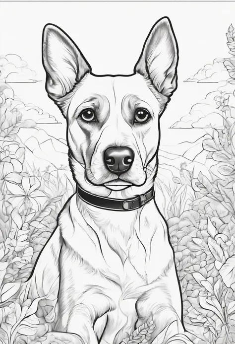 Coloring book of a dog, cartoon style, thick lines, no color, white background, only lines