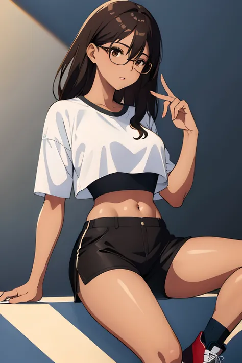 (masterpiece) good quality,brown eyes, black hair with brown highlights,glasses,crop top,shorts,high top shoes,