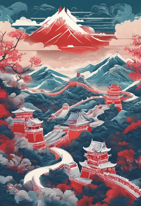 Chinese painting， Modern Chinese background， (Great wall:1.4)，mountain ranges，Auspicious clouds，Pavilions，rays of sunshine，Adopt a psychedelic color scheme，hyper detailed illustration，Light red and sky blue，Imaginary landscape，psychedelic manga，Landscapes ...