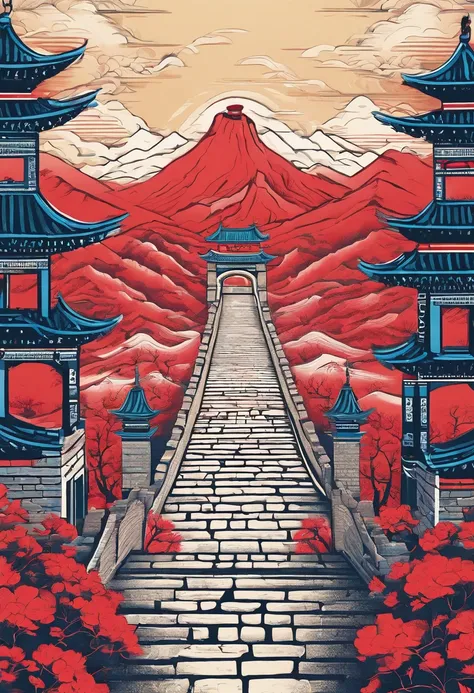 Chinese painting， Modern Chinese background， (Great wall:1.4)，mountain ranges，Auspicious clouds，Pavilions，rays of sunshine，Adopt a psychedelic color scheme，hyper detailed illustration，Light red and sky blue，Imaginary landscape，psychedelic manga，Landscapes ...