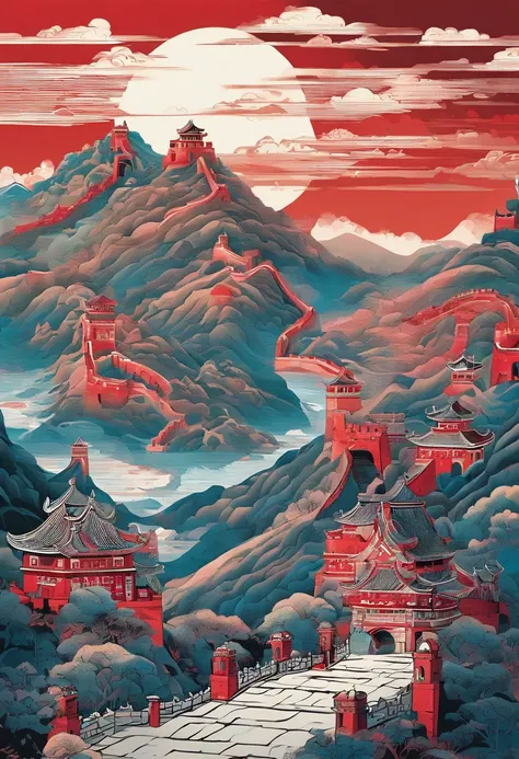 Chinese painting， Modern Chinese background， (Great wall:1.4)，mountain ranges，Auspicious clouds，Pavilions，rays of sunshine，Adopt a psychedelic color scheme，hyper detailed illustration，Light red and sky blue，Imaginary landscape，psychedelic manga，Landscapes ...