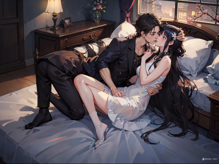 2 Man and woman in bedroom with bed, A man and a woman kiss, Carrying a woman on her shoulders, Short skirt with black hair, JK clothing, white stockings, Modern bedroom, Big bed, flower pots, Floor flowers, Large windows overlooking the city, the night, l...