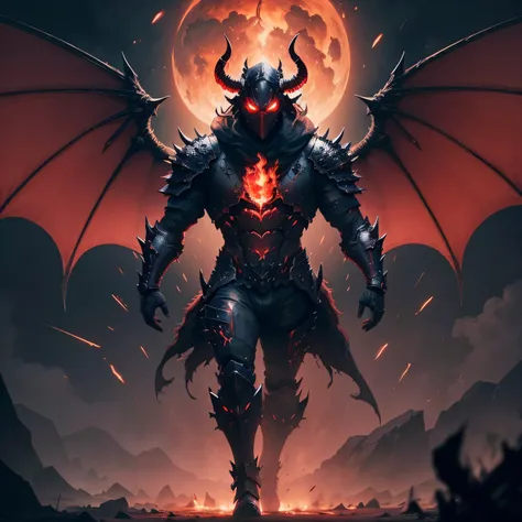 make him darker, full body armor, no body parts are visible, full black armor with red things on it, flames on landscape, fire everywhere, many details flying around, ash, smoke, fog,