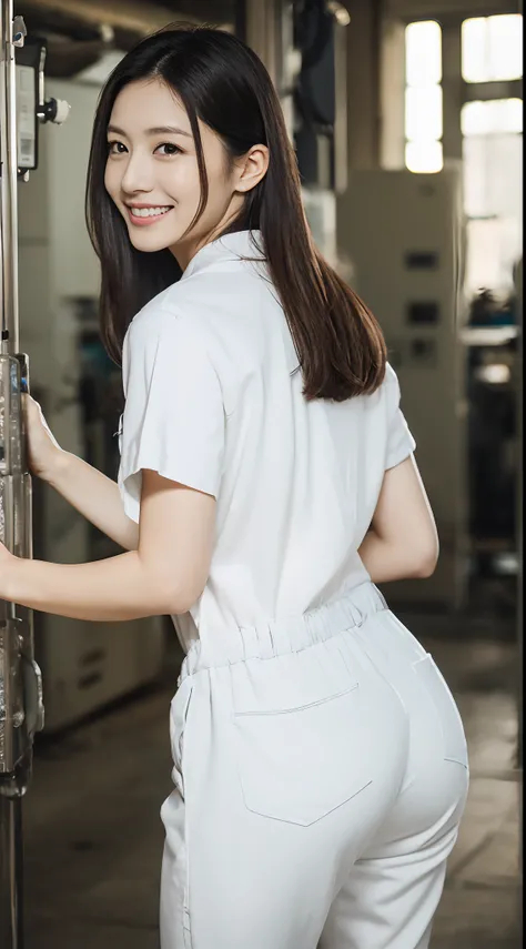 masutepiece, Best Quality, 超A high resolution,(photographrealistic:1.4) (depth of fields),(Lens Glow) ,inside factory:1.5、a Pretty Japanese woman１a person:1.5、(White Workwear Pants:1.5)、(White workwear:1.5)、(posterior view:1.5)、Shy smile、