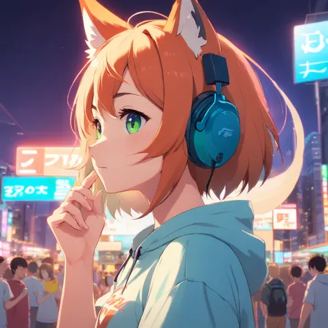 Cute fox in ANIME style, Wearing a T-shirt, Cinematic lighting, Depth sensing, ultra - detailed, 8K quality. Male head only, Best quality, Humanoid, Look at the audience wearing a #FE8A04 
 t-shirt, color of hair is #1752AB, using headphones with neon ligh...