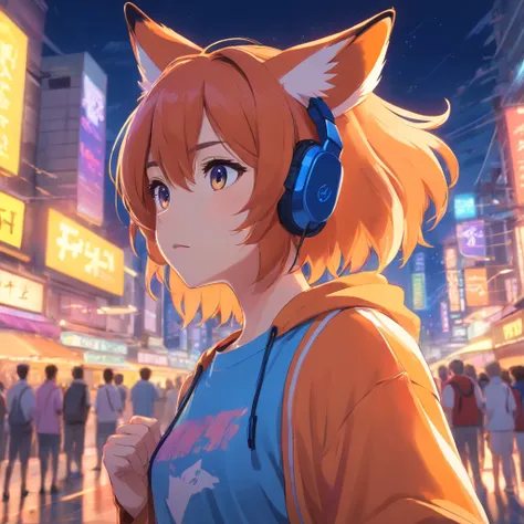 Cute fox in ANIME style, Wearing a T-shirt, Cinematic lighting, Depth sensing, ultra - detailed, 8K quality. Male head only, Best quality, Humanoid, Look at the audience wearing a #FE8A04 
 t-shirt, color of hair is #1752AB, using headphones with neon ligh...