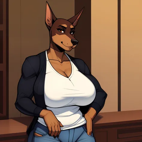 Very_muscular_mature_doberman female dark_brown_two-tone_furry_body brown_eyes milf cardigan white_t-shirt jeans wife solo Masterpiece best_quality absurdres highly_detailed cleanly_drawn_eyes anthro_only large_breasts by_claweddrip, by_greasymojo, by_unde...