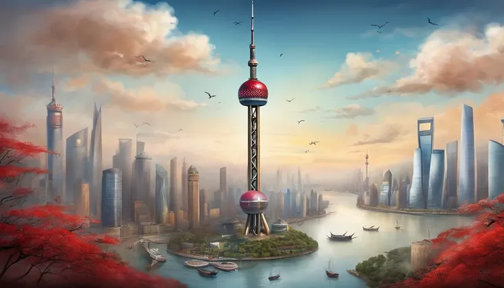 Chinese painting， Modern Chinese background， (Shanghai, China，Oriental Pearl TV Tower:1.4)，City high-rises，Auspicious clouds，View of the Bund，rays of sunshine，Adopt a psychedelic color scheme，hyper detailed illustration，Light red and sky blue，Imaginary lan...