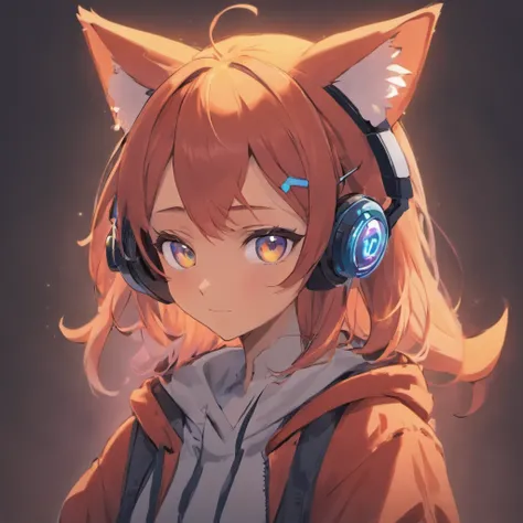 Cute fox man in ANIME style, Wearing a T-shirt, Cinematic lighting, Depth sensing, ultra - detailed, 8K quality. Male head only, Best quality, Humanoid, Look at the audience wearing a #FE8A04 t-shirt, color of hair is #1752AB, using headphones with neon li...