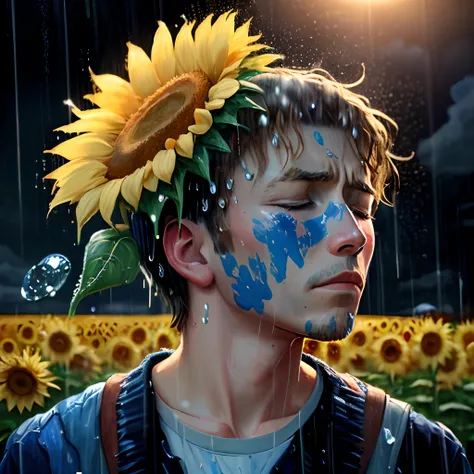 vincent van gogh expiration,sad man closed eyes,sunflower,blue paint rain,blue paint rains,blue paint running,rain,blue paint,anime,man