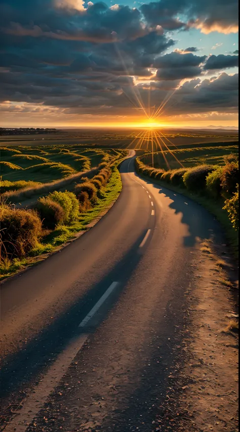 Image of a long and winding road，Bright light leading to the horizon,bright morning，suns rays