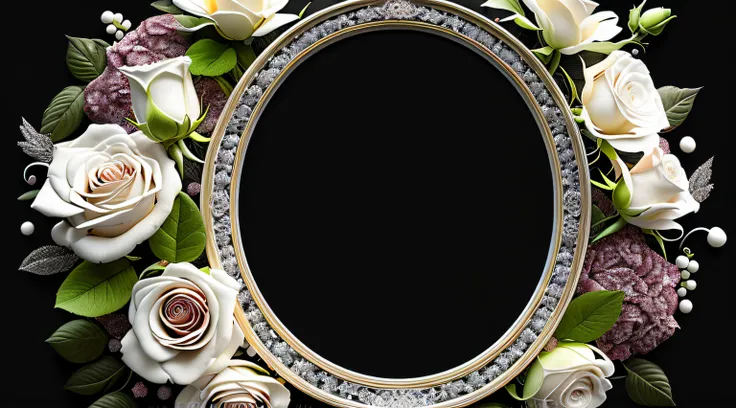 This ultra-detailed computer graphics has a white oval, surrounded by unearthly roses, on a black background, beste-Qualit, hight resolution, intricate detials, phantasy