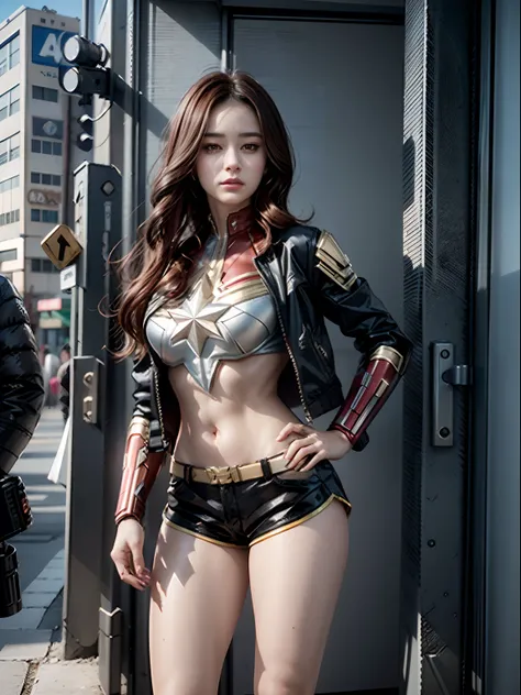 captain marvel, realistic girl in short shorts and jacket standing next to giant robot, artwork in the style of guweiz, cyberpun...