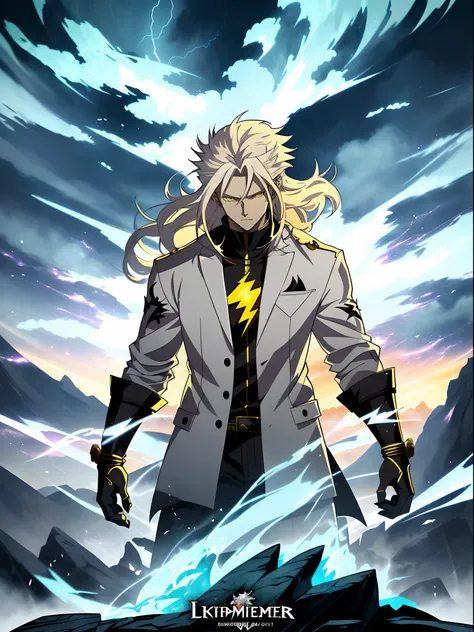 White long-haired anime character, Yellow eyes stand in front of Lightning，White clothes， Detailed key anime art, Key anime art, detailed anime character art, handsome guy in demon killer art, full art,, anime artsyle, offcial art, detailed anime art,