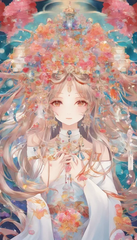 Wind Chime Princess，Lying on the table and looking at you affectionately，Very detailed，Long flowing hair，The hair ornaments on the head are shiny