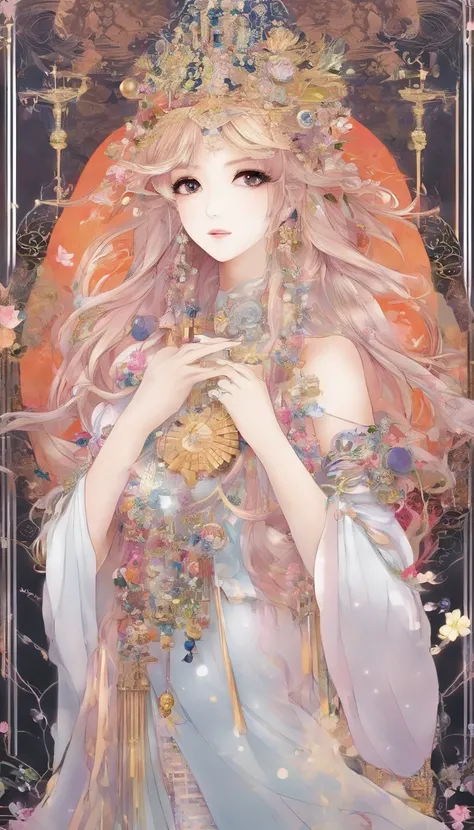 Wind Chime Princess，Lying on the table and looking at you affectionately，Very detailed，Long flowing hair，The hair ornaments on the head are shiny