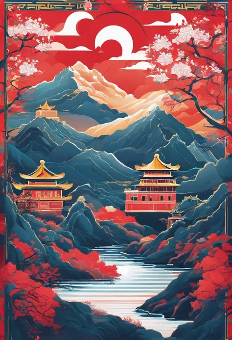 Chinese painting， Modern Chinese background， (the great wall:1.4)，mountain ranges，Auspicious clouds，Pavilions，rays of sunshine，Adopt a psychedelic color scheme，hyper detailed illustration，Light red and sky blue，Imaginary landscape，psychedelic manga，Landsca...