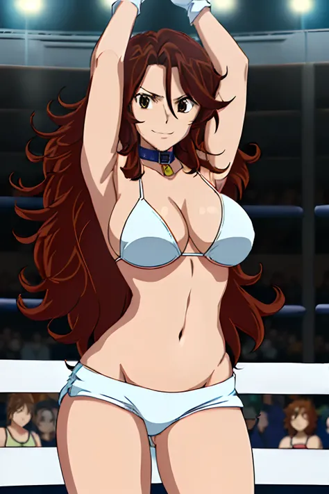 cowboy shot, body view, anime style: 1.8, anime drawing, ultra detailed face, ultra detailed body, 4k, Sumergai Lee Noriega, (standing), best quality, anime style, hires, highest definition, digital blending, bold drawing lines, ((, female wrestler), (loca...