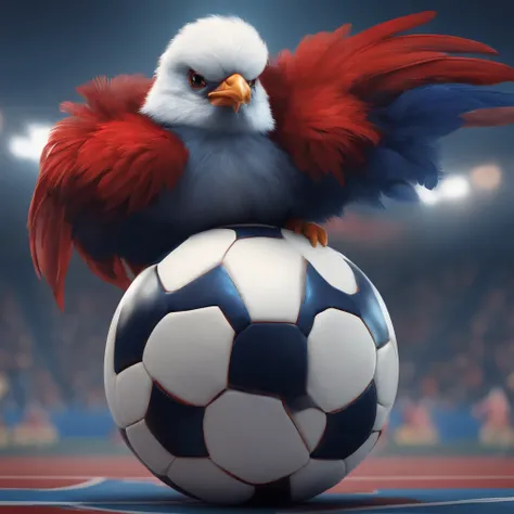 Anthro, cute and angry male human chick, young chick with blue, red and white feathers, soccer ball, futsal court, skulls background