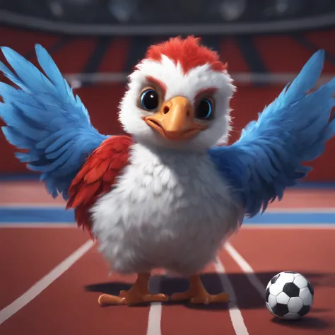 Anthro, cute and angry male human chick, young chick with blue, red and white feathers, soccer ball, futsal court, skulls background