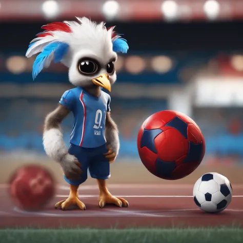 Anthro, cute and angry male human chick, young chick with blue, red and white feathers, soccer ball, futsal court, skulls background