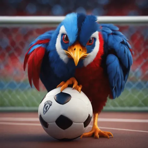 Anthro, cute and angry male human chick, young chick with blue, red and white feathers, soccer ball, futsal court, skulls background