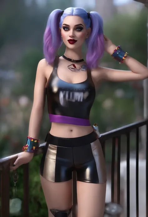 best qualtiy，tmasterpiece，Harley Quinn（Realistic1.2) Photorealistic：2.0）short gym metalic color top and blue satin shorts, drinking coffe on a balcony，full body，blue and purple hair long，Very detailed facial features，Delicate facial expressions，ssmile，Colo...