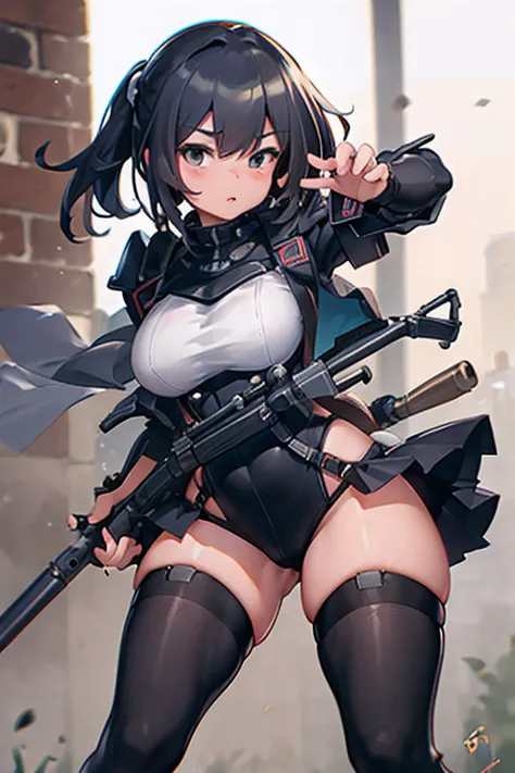 Best quality, masterpiece, super high resolution, single, 1 girl, depth of field, military, assault rifle school outfit, tactical armor, stockings, curvy thighs, combat stance