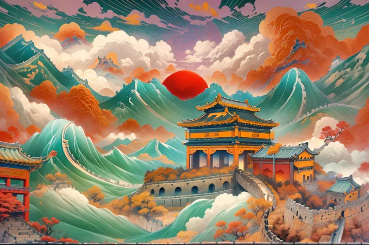 Chinese painting， Modern Chinese background， (Great wall:1.4)，mountain ranges， Auspicious clouds， Pavilions， rays of sunshine， Adopt a psychedelic color scheme，hyper detailed illustration，Light red and sky blue，Imaginary landscape，psychedelic manga，Landsca...