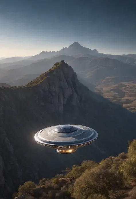 Cutting-edge technology, Breathtaking, insanely details, Futuristic mothership, Otherworldly UFOs, saunt, The blue hour of the evening, rugged, peak, Advanced rendering techniques, Hyper-realistic, Smooth metal surface, Pulsating light, Picturesque view, C...