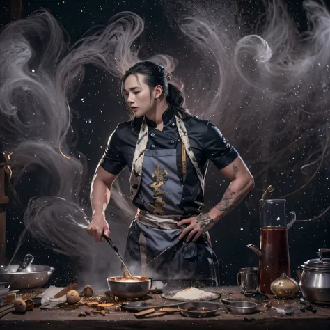 Full body male chef 32K（tmasterpiece，k hd，hyper HD，32K）Long flowing black hair，Camping area，zydink， a color， patriot （canyons）， （Linen batik scarf）， Combat posture， looking at the ground， Linen bandana， Chinese python pattern long-sleeved garment， （Abstrac...