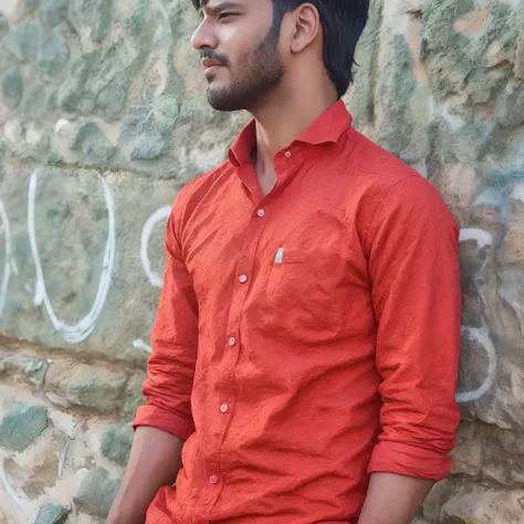 arafed man leaning against a stone wall with graffiti on it, red shirt, * colour splash *, vinayak, wearing in shirt, vastayan, candid picture, with lovely look, red color, full body photogenic shot, light stubble with red shirt, only red colour, wearing r...