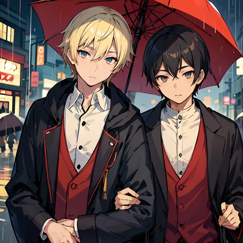 animesque、2 men、Young man with black hair、Blonde young man、Evening rain、Sogo umbrella、umbrellas、student clothes、ami、Detailed expression