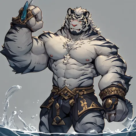 One is about 2 meters 2,The figure is very athletic,But its very hairy，Cute white tiger orcs,The eyes are relatively large，Watery pale gold