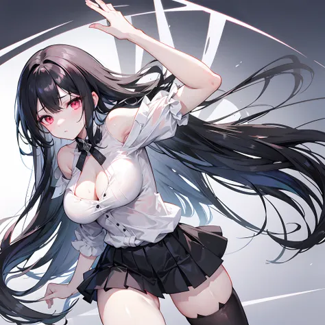 Long pale black hair scattered，，dual horsetail，Hair is slightly curled，White off-the-shoulder short sleeves，The black thin jacket is half off to the shoulders，Big breasts pink eyes，，short  skirt，black lence stockings，His face was slightly red，expressiveles...