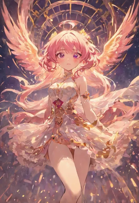 Anime, Masterpiece, fine, artwork, super-detail, pink hair, super-long hair, dress, bare shoulders, golden eyes, white stockings,