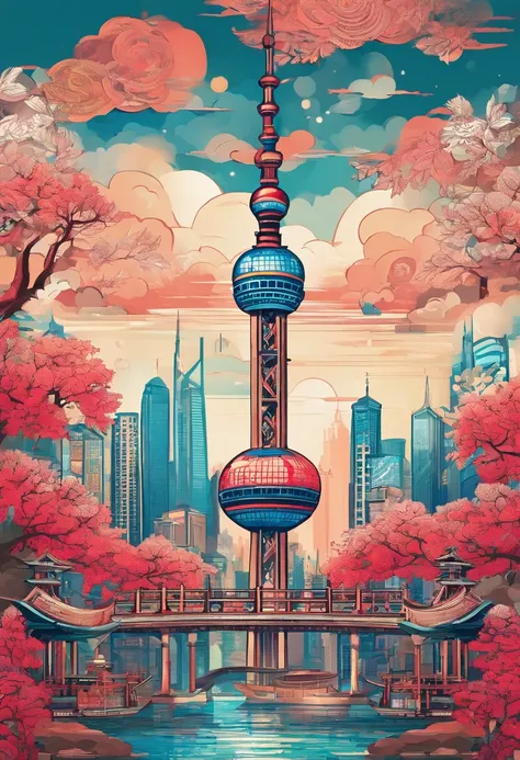 Chinese painting， Modern Chinese background， (Shanghai, China，Oriental Pearl TV Tower:1.4)，City high-rises，Auspicious clouds，View of the Bund，rays of sunshine，Adopt a psychedelic color scheme，hyper detailed illustration，Light red and sky blue，Imaginary lan...