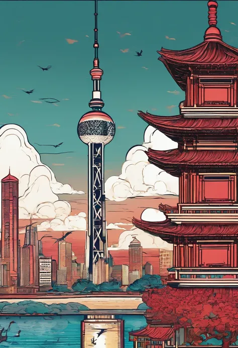 Chinese painting， Modern Chinese background， (Shanghai, China，Oriental Pearl TV Tower:1.4)，City high-rises，Auspicious clouds，View of the Bund，rays of sunshine，Adopt a psychedelic color scheme，hyper detailed illustration，Light red and sky blue，Imaginary lan...