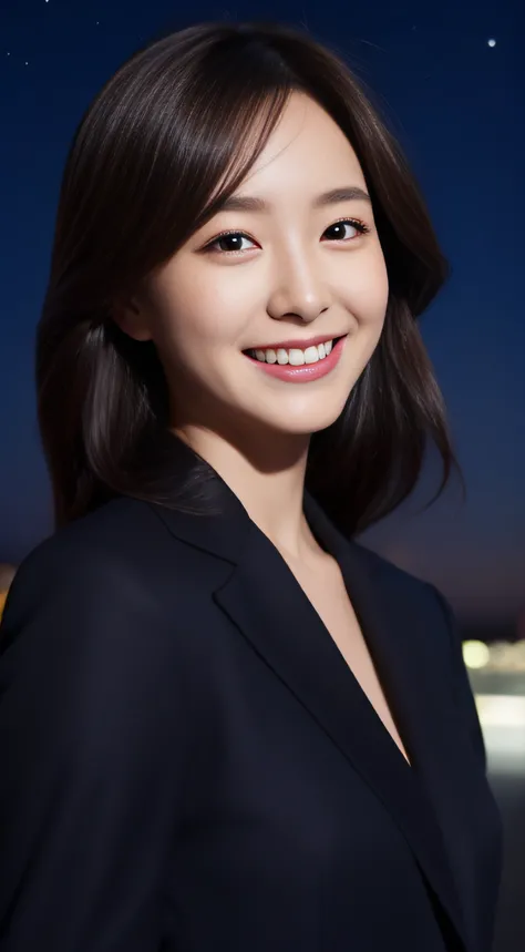 The face is an actress、Wear a jacket suit、hiquality、A hyper-realistic、healthy、Smiling expression、Slender perfect figure、Japan beauties、beautidful eyes、face perfect、Beautiful skin、Night sky in the background