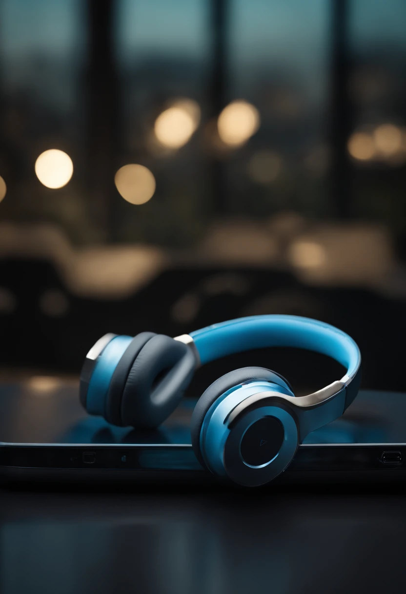 A bluetooth headset product picture,HD professional photography,Professional lighting,Commercial design,octane render,Cloud background,Sky blue atmosphere, 35mm product photo,Commercial design,Fine image quality,2K picture quality