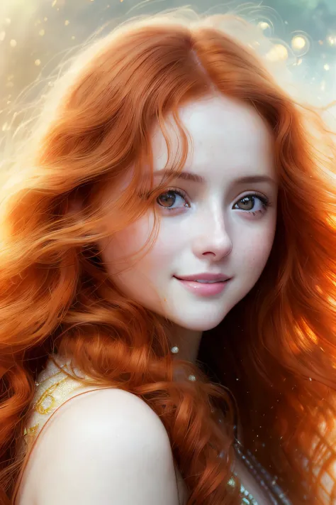 Anna Semenovich, Ana De Armas, natural skin, translucent skin, Arcade core Portrait, elegant, smile, redhead ginger curly hairs, gold dreamlike, big beutiful eyes, Alphonse Mucha dynamic lighting trending on artstation, 8k, sharp focus, art illustration by...