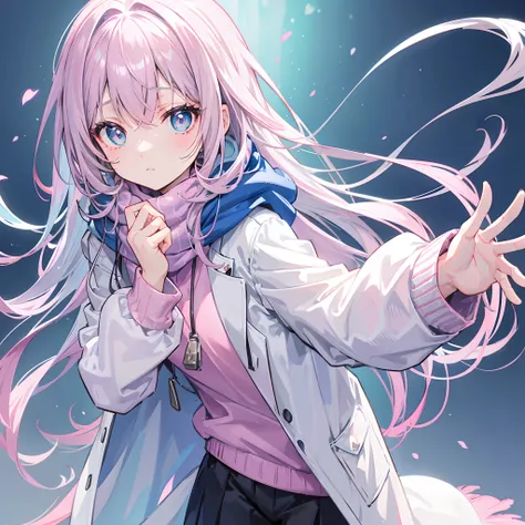 Gray-pink bangs，Blue-green pupils，Wear a silver-white jacket and pink sweater，Wearing a blue scarf，Its a cute girl