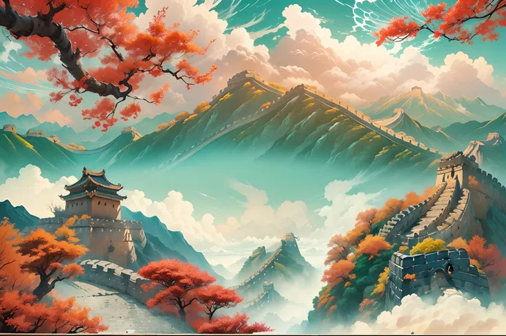 Chinese painting， Modern Chinese background， (Great wall:1.4)，mountain ranges，Auspicious clouds，Pavilions，rays of sunshine，Adopt a psychedelic color scheme，hyper detailed illustration，Light red and sky blue，Imaginary landscape，psychedelic manga，Landscapes ...