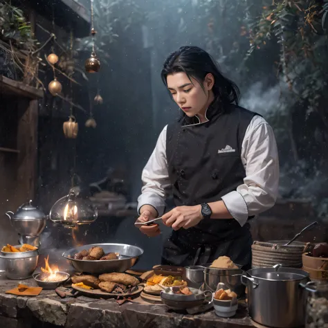 Full body male chef 32K（tmasterpiece，k hd，hyper HD，32K）Long flowing black hair，Camping area，zydink， a color， patriot （canyons）， （Linen batik scarf）， Combat posture， looking at the ground， Linen bandana， Chinese python pattern long-sleeved garment， （Abstrac...